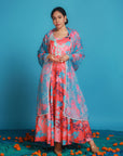 Floral Red And Peach Fuzz Polyester Modal Embroidery Yoke Long Dress With A Blue Abstract Floral Polyester Cabi Set.