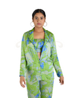 Green Abstract Floral Print Satin Coat, Pants and Blouse Suit