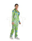 Green Abstract Floral Print Satin Coat, Pants and Blouse Suit