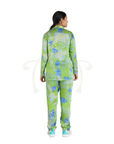 Green Abstract Floral Print Satin Coat, Pants and Blouse Suit