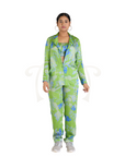 Green Abstract Floral Print Satin Coat, Pants and Blouse Suit