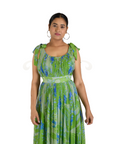 Green Abstract Floral Print Georgette Long Flared Layered Gown