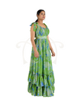 Green Abstract Floral Print Georgette Long Flared Layered Gown