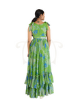 Green Abstract Floral Print Georgette Long Flared Layered Gown