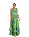 Green Abstract Floral Print Georgette Long Flared Layered Gown