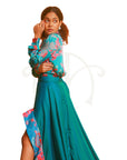 Blue Abstract Floral Printed  Satin Shirt and Blue Green Kit Kat Satin Asymmetrical Skirt With Printed Polyester Modal Border.