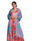 Floral Red And Peach Fuzz Polyester Modal Embroidery Yoke Long Dress With A Blue Abstract Floral Polyester Cabi Set.